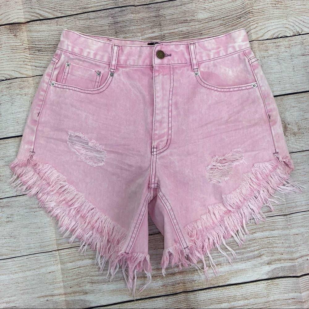 Urban Outfitters Tie Dye High Waist Distressed Fringes Pink Denim BDG Shorts 27